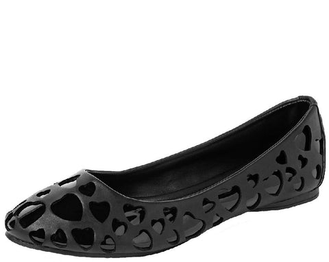 matte black flats with heart-shaped cut-outs showing shiny patent 