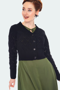 A model wearing a black knit-in openwork cardigan with black flower shaped buttons. It has full length long sleeves and a slight v-neck