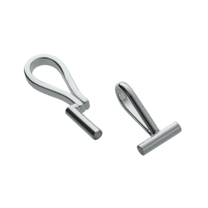 A set of two silver metal brooch converters, one oriented for horizontal clasps and one for vertical clasps.