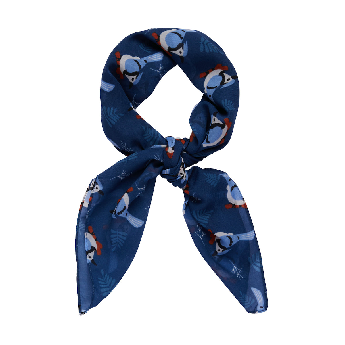 27" x 27" deep blue semi-sheer Blue Jay Wayn blue birds allover print scarf