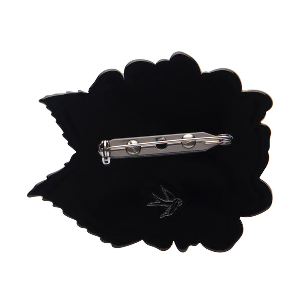multi-color petaled hydrangea bloom layered resin brooch, showing solid black back view