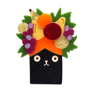 Terry Runyan Collaboration Collection "Catmen Miranda" layered resin black kitty in a fruity turban brooch