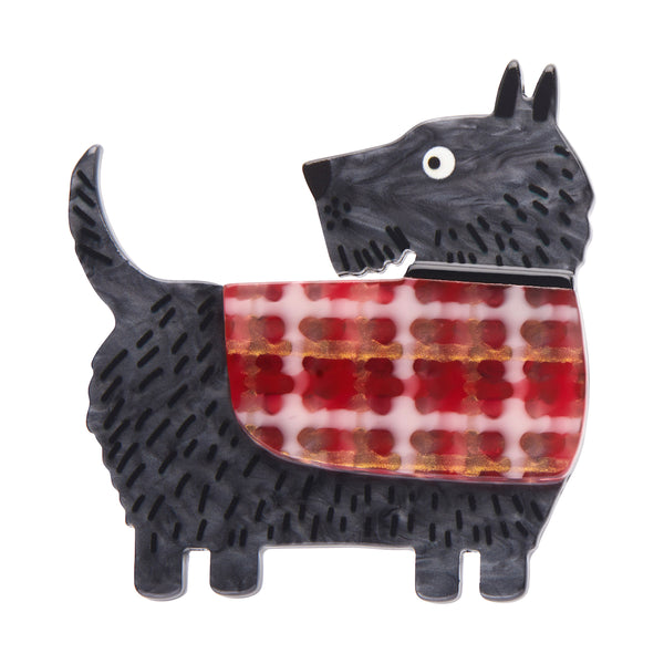 Terry Runyan Collaboration Collection "Scottie Love" layered resin dog in a plaid coat brooch