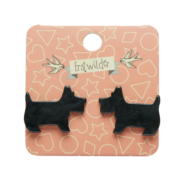 Essentials Collection Scottish terrier shaped post earrings in black ripple texture 100% Acrylic resin, shown on illustrated backer card packaging