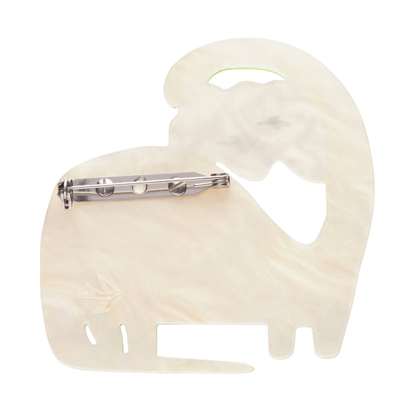 Terry Runyan Collaboration Collection "Thunder Lizard" layered resin green brontosaurus brooch, showing solid white back