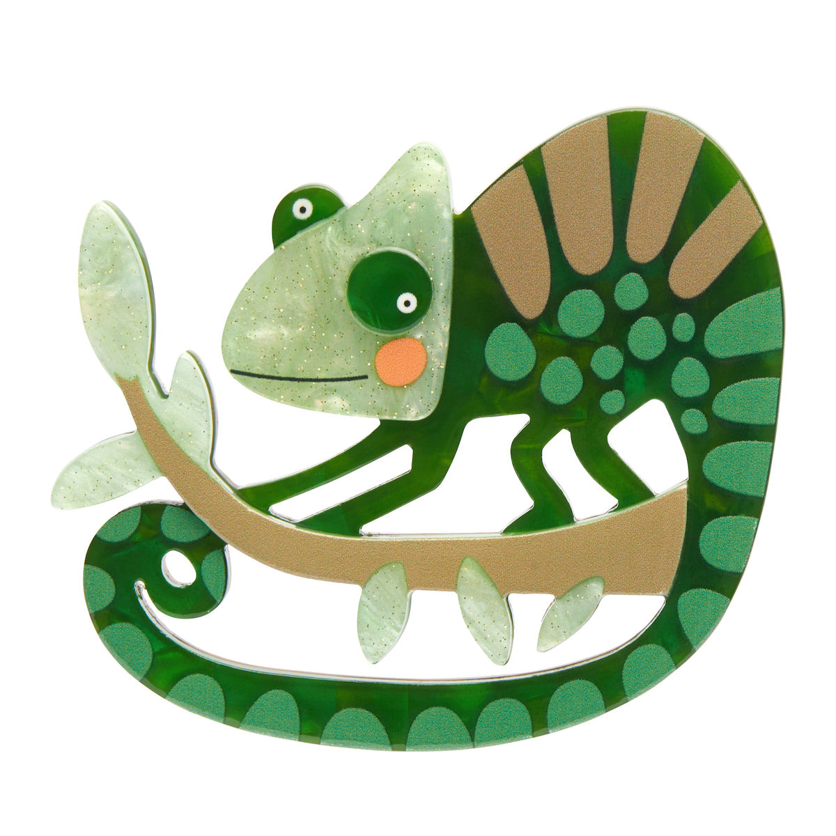 Terry Runyan Collaboration Collection "Good Karma" layered resin green chameleon on branch brooch