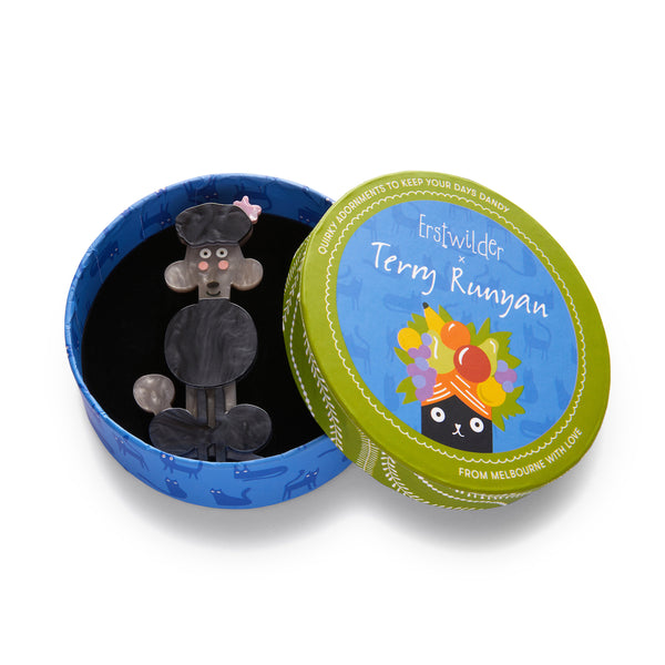 Terry Runyan Collaboration Collection "Poodle Along" layered resin black and grey dog brooch, shown in illustrated round box packaging