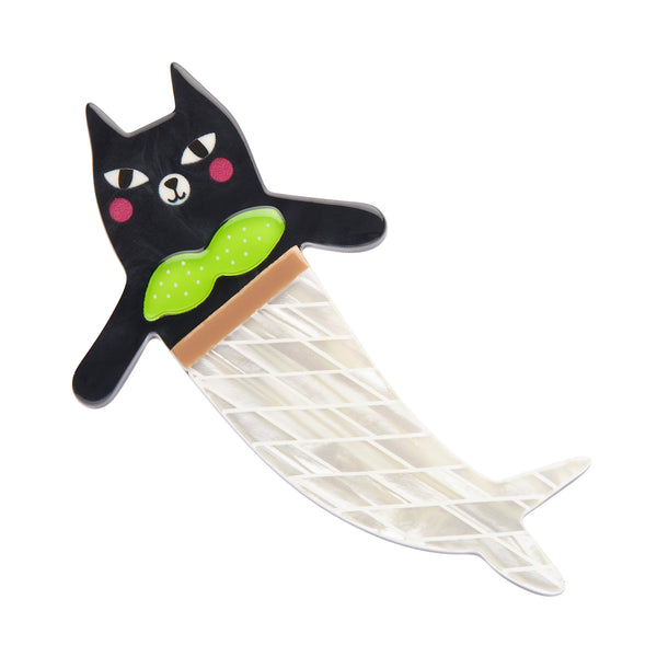 Terry Runyan Collaboration Collection "Catmaid" layered resin mermaid black kitty with green bikini top brooch