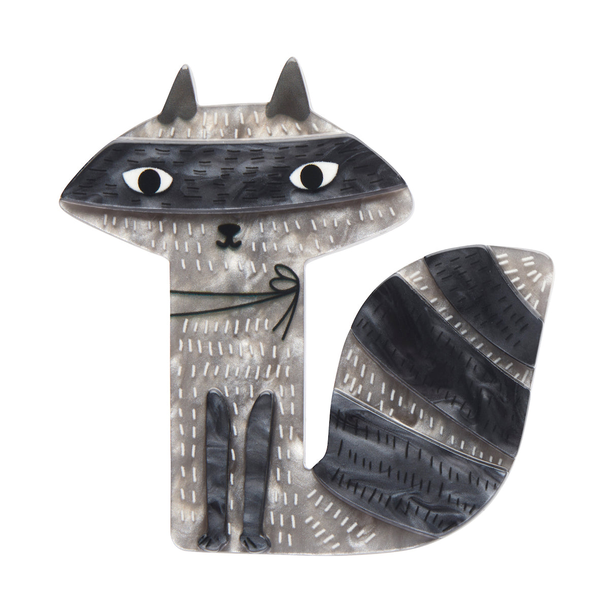 Terry Runyan Collaboration Collection "Sunday Raccoon" layered resin grey and black trash panda brooch