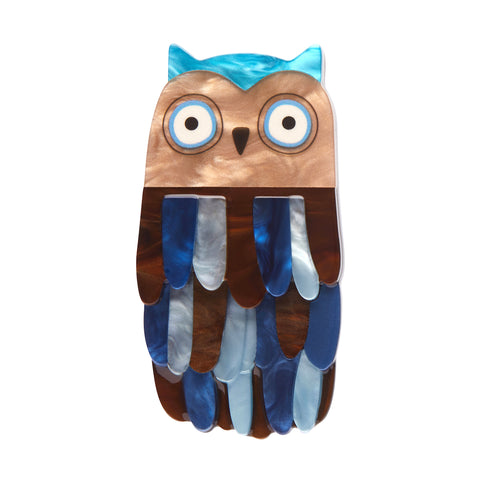 Terry Runyan Collaboration Collection "Feather Dress" layered resin blue and brown owl brooch