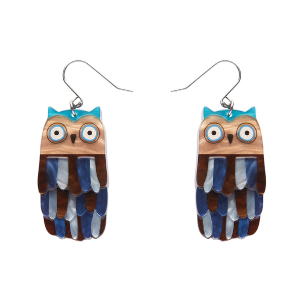 pair Terry Runyan Collaboration Collection "Feather Dress" layered resin blie and brown owl dangle earrings