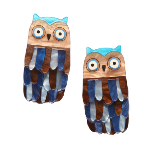 Terry Runyan Collaboration Collection pair of "Feather Dress" layered resin blue and brown owl hair clips