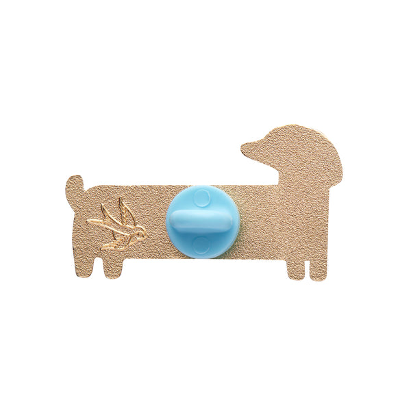 Terry Runyan collaboration collection "Long Dog" enameled gold metal dachshund clutch back pin, showing back view