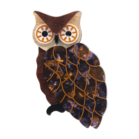 La Belle Époque Collection "Outstanding Observation" layered resin brown owl with gold accents brooch