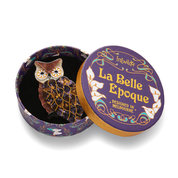 La Belle Époque Collection "Outstanding Observation" layered resin brown owl with gold accents brooch, shown in illustrated round box packaging