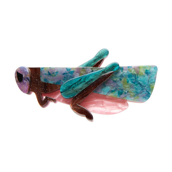 La Belle Époque Collection "Rite of Spring" layered resin blue, green, pink, and brown grasshopper hair clip barrette