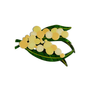 "Woven Wattle" yellow & white acacia blooms and green leaves layered resin mini brooch