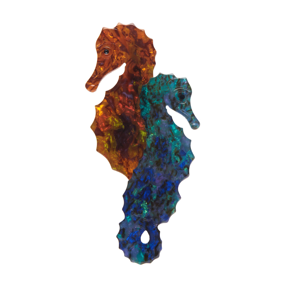 La Belle Époque Collection "Dance Partners" layered resin intertwined blue and brown seahorses brooch