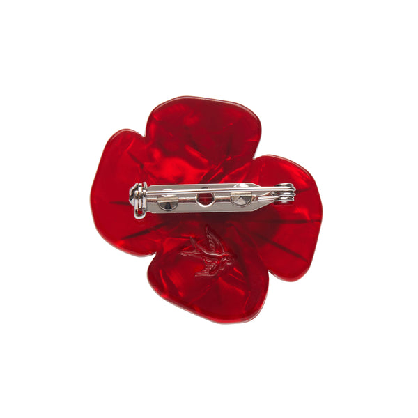Remembrance Poppy ripple red bloom with black center layered resin mini brooch, shown back view