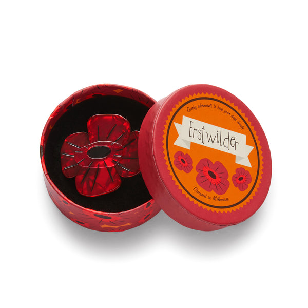 Remembrance Poppy ripple red bloom with black center layered resin mini brooch, shown in illustrated round box packaging