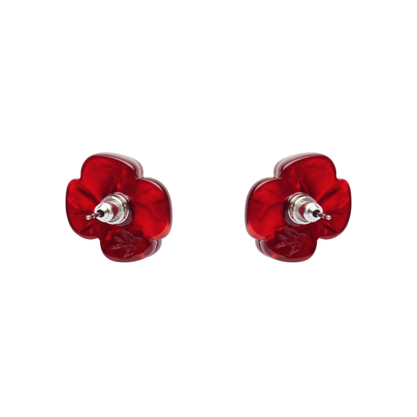 pair 3/4" Remebrance Poppy ripple red bloom with black center layered resin post earrings, shown back view
