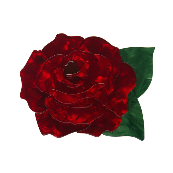 Fan Favourites release "Juliet's Bloom" red rose blossom with two green leaves layered resin brooch