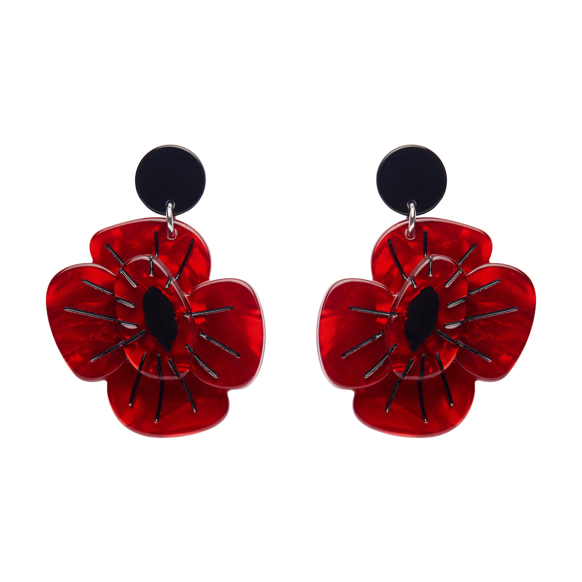 Remembrance Poppy ripple red bloom with black center drop earrings