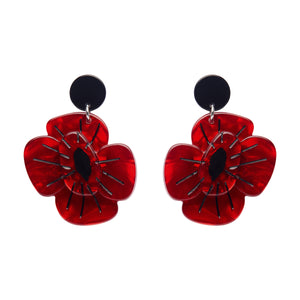 Remembrance Poppy ripple red bloom with black center drop earrings
