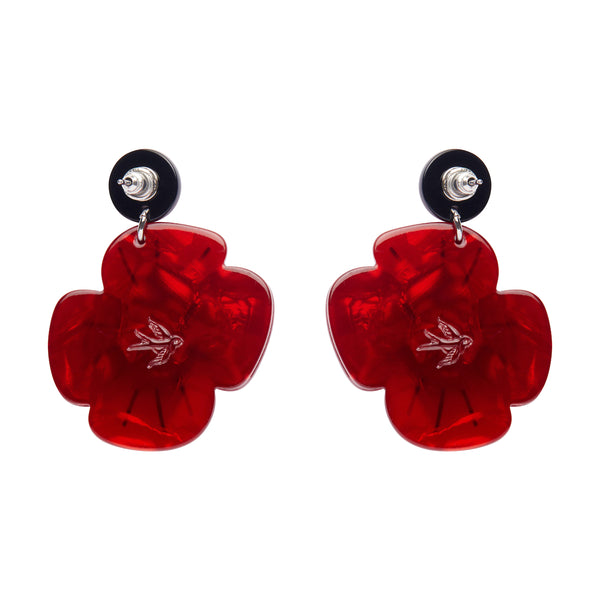 Remembrance Poppy ripple red bloom with black center drop earrings, shown back view