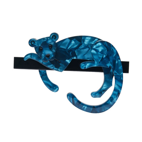 Fan Favourites release "Jamaall the Joyous Jaguar" blue cat reclining on black branch layered resin brooch