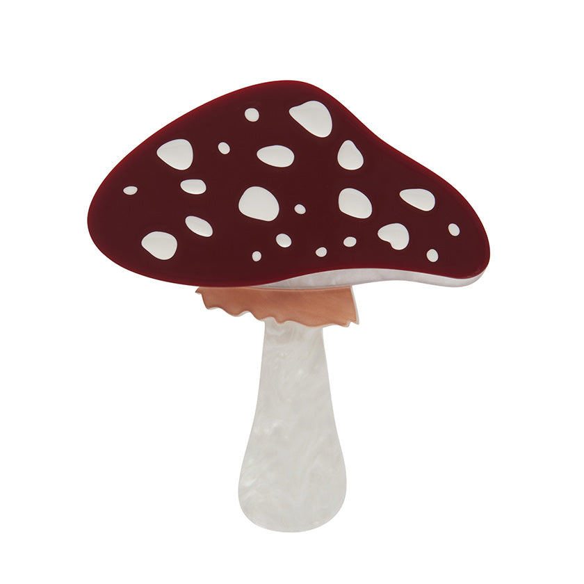 "Well Spotted" deep red & white Amanita mushroom 2 1/2" layered resin brooch