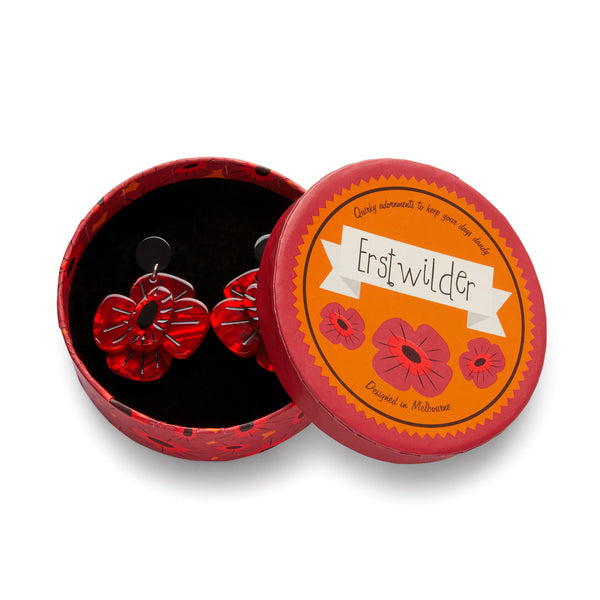 Remembrance Poppy ripple red bloom with black center drop earrings, shown in illustrated round box packaging