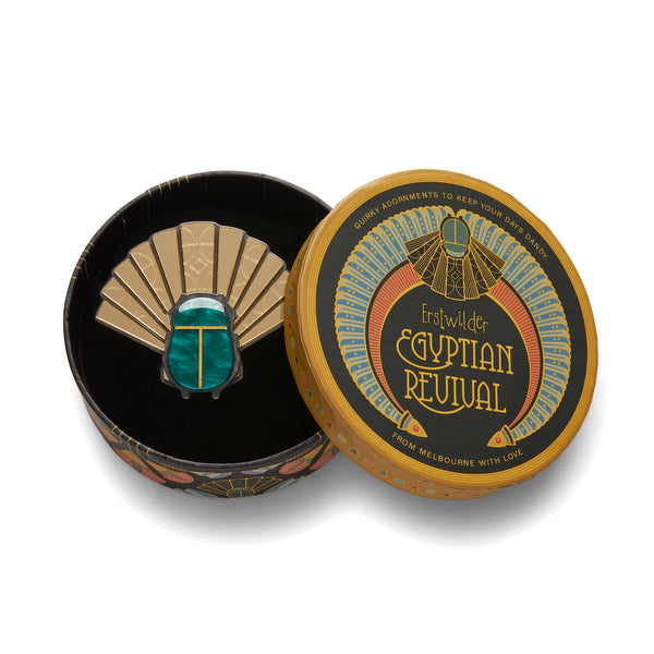 Egyptian Revival Collection "The Heart of Egypt" Scarab layered resin brooch, shown in illustrated round box packaging