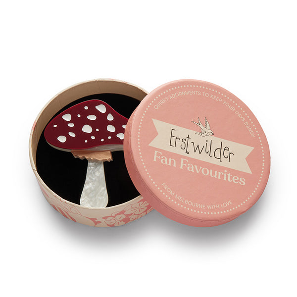 "Well Spotted" deep red & white Amanita mushroom 2 1/2" layered resin brooch, shown in illustrated round box packaging