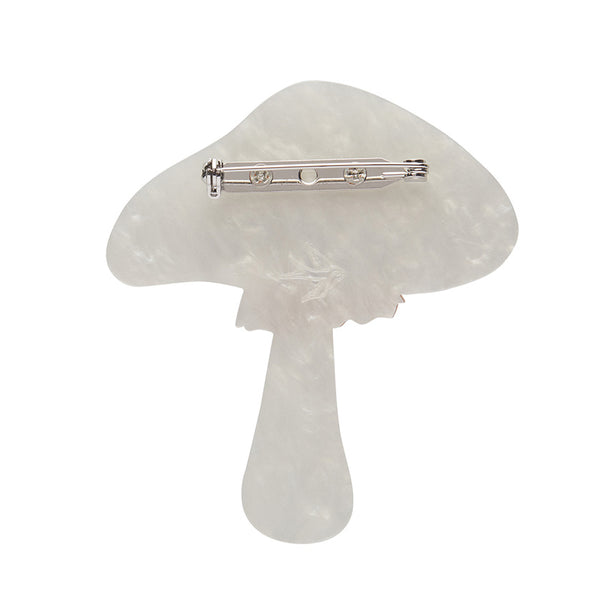 "Well Spotted" deep red & white Amanita mushroom 2 1/2" layered resin brooch, showing solid white back view