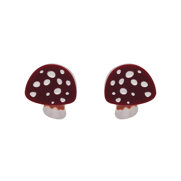 pair "Twinning Toadstools" deep red & white Amanita mushroom layered resin post earrings