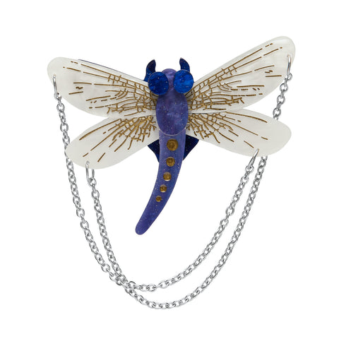 Fan Favourites release "As the Dragon Flies" blue and white layered resin dragonfly brooch with silver metal chains detail