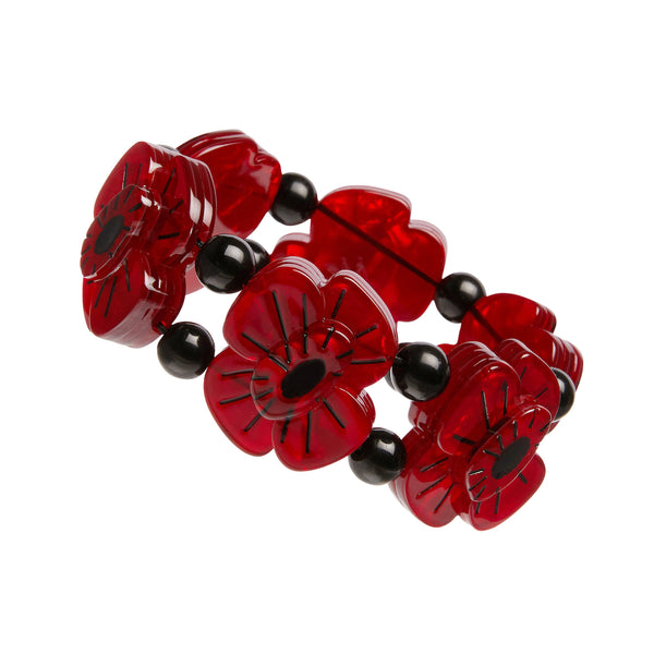 Six 1" x 1 1/2" ripple red poppies separated by black plastic beads strung on double strand of black elastic