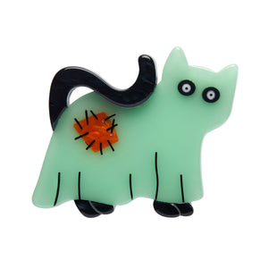 All Hallows' Eve collection "A Most Ghostly Kitty" glow-in-the-dark costumed black cat layered resin brooch