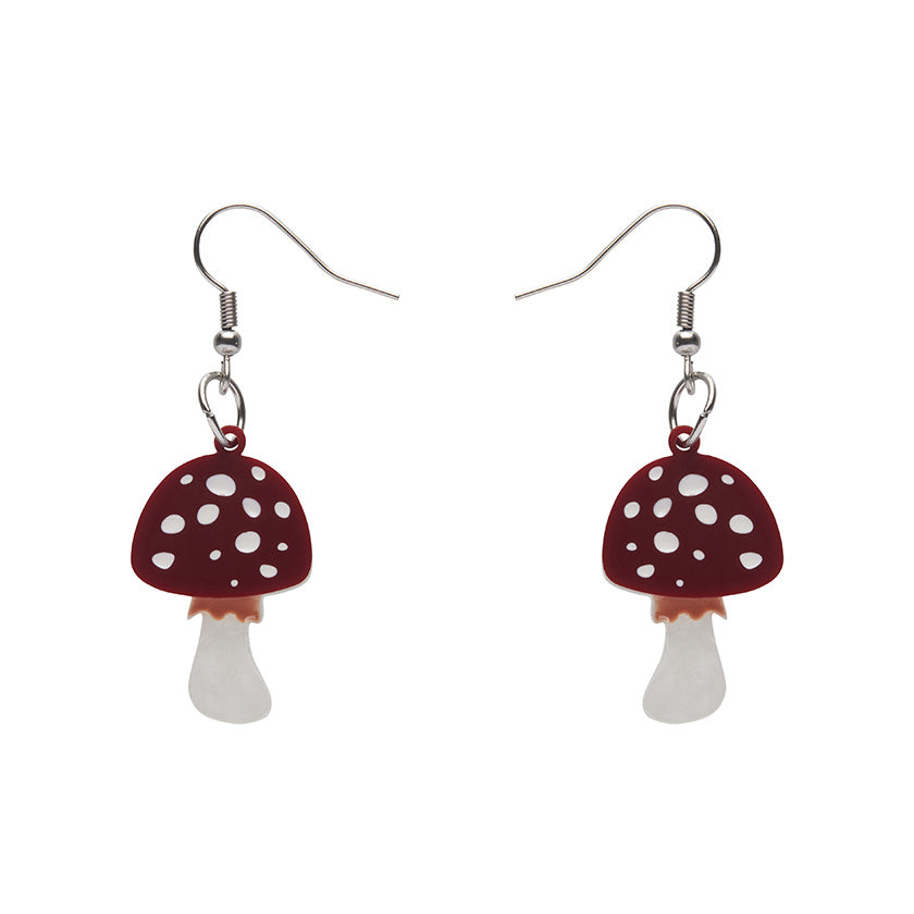 pair "Twinning Toadstools" deep red & white Amanita mushroom layered resin dangle earrings