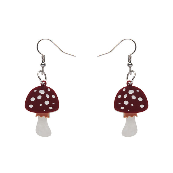 pair "Twinning Toadstools" deep red & white Amanita mushroom layered resin dangle earrings