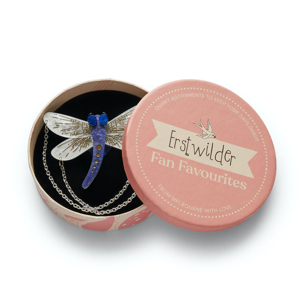 Fan Favourites release "As the Dragon Flies" blue and white layered resin dragonfly brooch with silver metal chains detail, shown in illustrated round box packaging