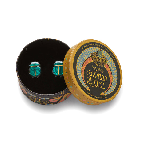 pair Egyptian Revival Collection "The Heart of Egypt" Scarab green & black stylized beetle post earrings, shown in illustrated round box packaging