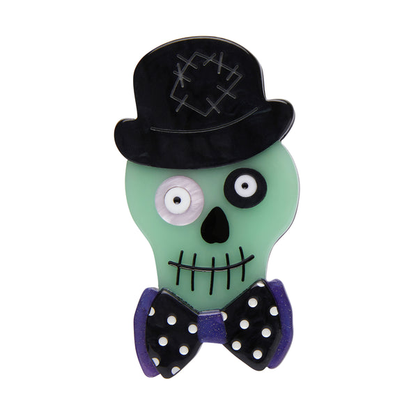 All Hallows' Eve collection "Stan the Bowtie Man" glow-in-the-dark dapper skull wearing bowler hat and bow-tie layered resin brooch