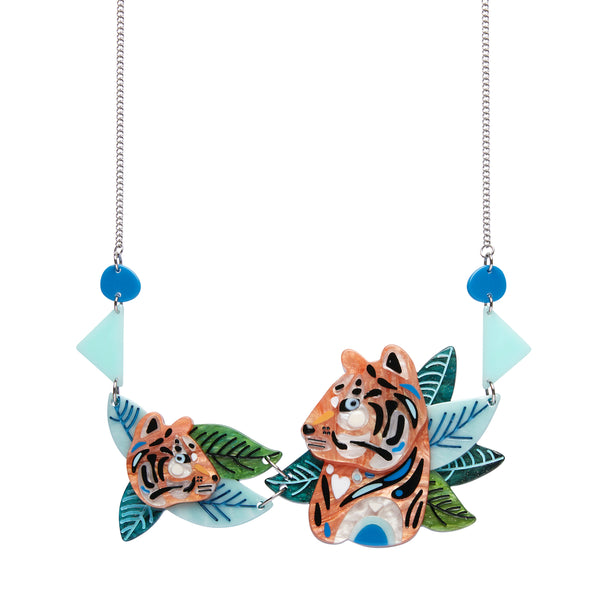 Pete Cromer x Erstwilder Wildlife Collaboration Australiana Collection "The Tranquil Tiger" linked tiger heads and leaves layered resin statement necklace