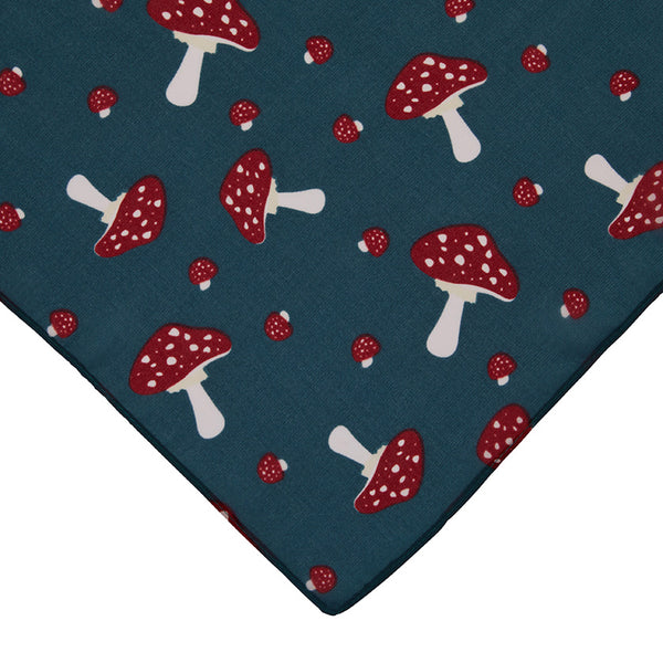 27" square semi-sheer teal background "Well Spotted" allover mushroom print scarf, showing corner close up swatch