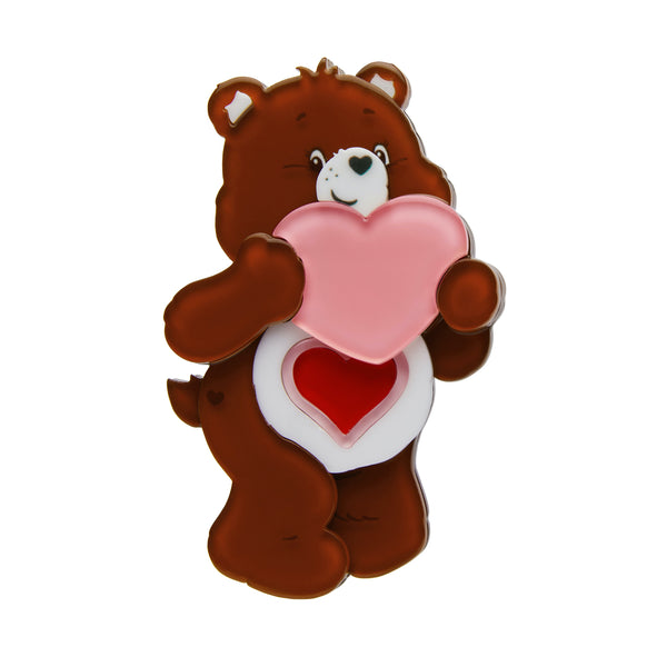 Care Bears Collection "A Tender Heart" brown bear holding pink heart layered resin brooch