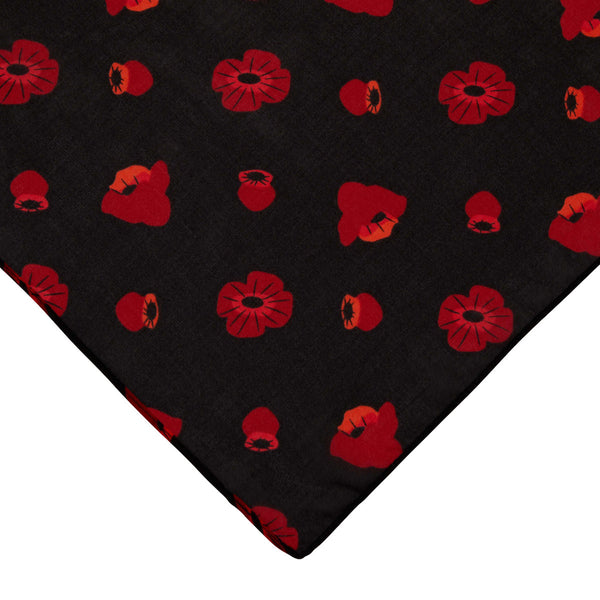 27" square semi-sheer Remembrance Poppy allover red flower print black background scarf