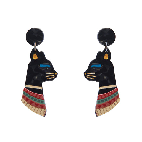 Egyptian Revival Collection "Bastet the Protector" layered resin black cat head drop earrings