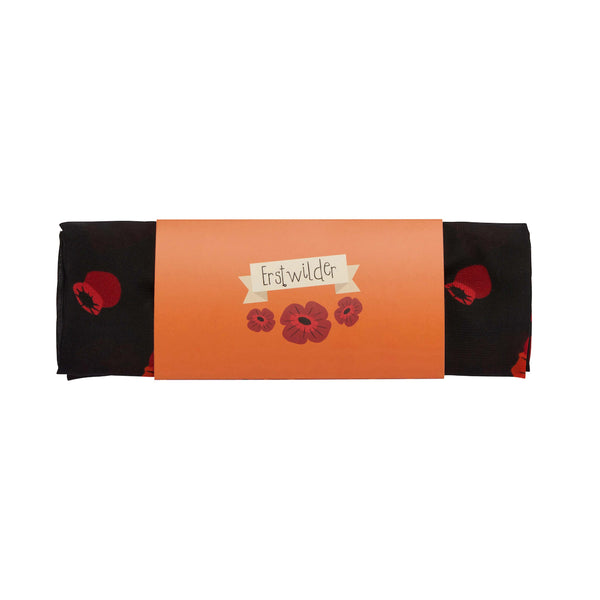 27" square semi-sheer Remembrance Poppy allover red flower print black background scarf, shown in illustrated card stock band packaging
